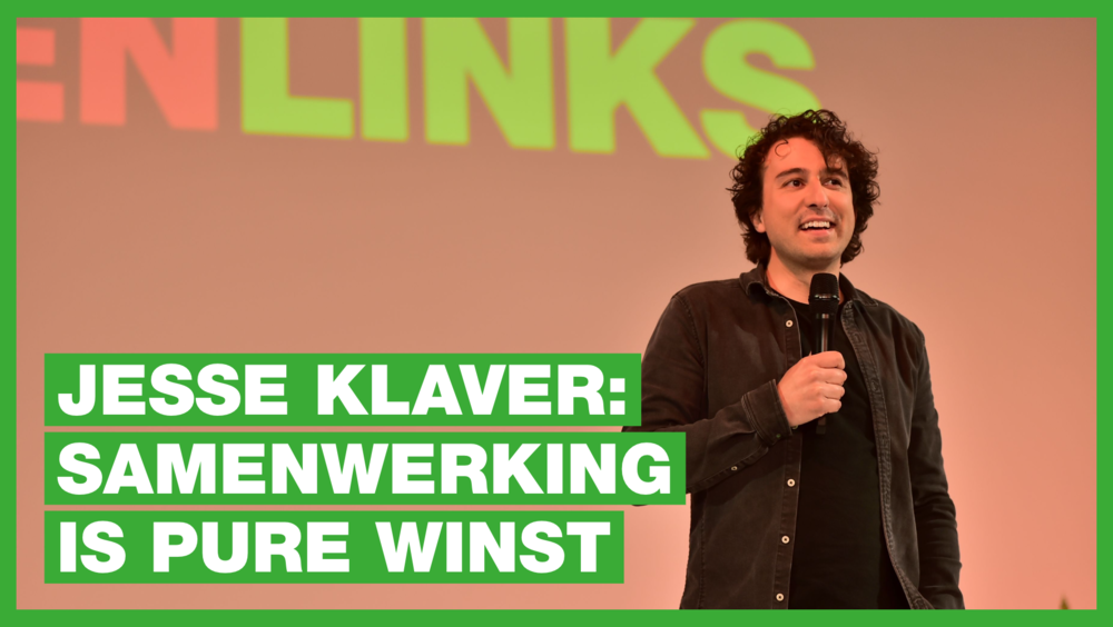 Jesse Klaver op een bijeenkomst in Utrecht met de tekst: samenwerking is pure winst
