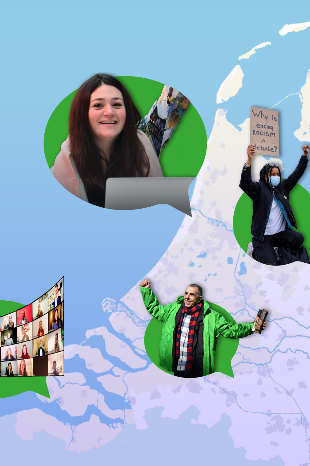 Een kaart van Nederland met verschillende vrijwilligers van GroenLinks erop die protesteren, achter een laptop werken of met Jesse in een call praten