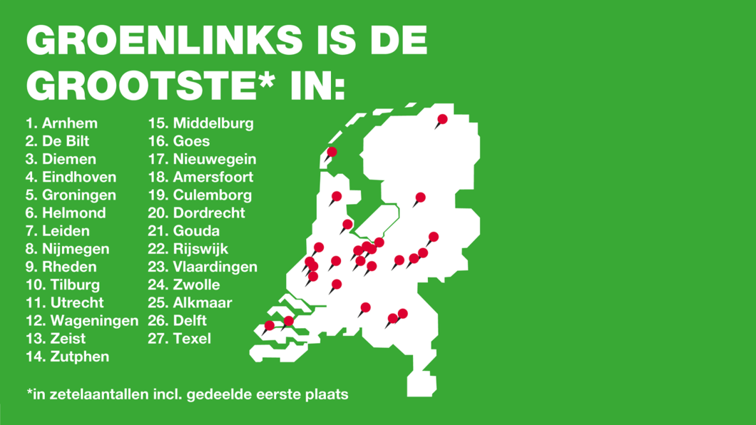 afbeelding met een kaart van Nederland met pinnen waar GroenLinks de grootste partij is geworden