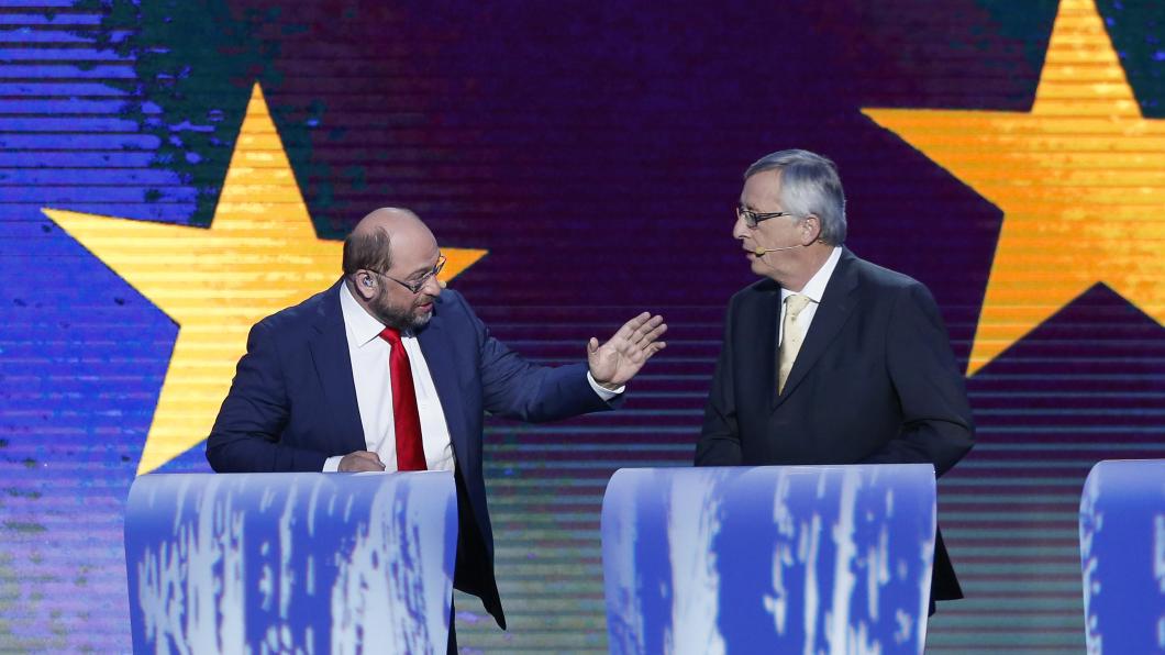 Topkandidaten Martin Schulz en Jean-Claude Juncker in debat Martin Schulz en Jean-Claude Juncker