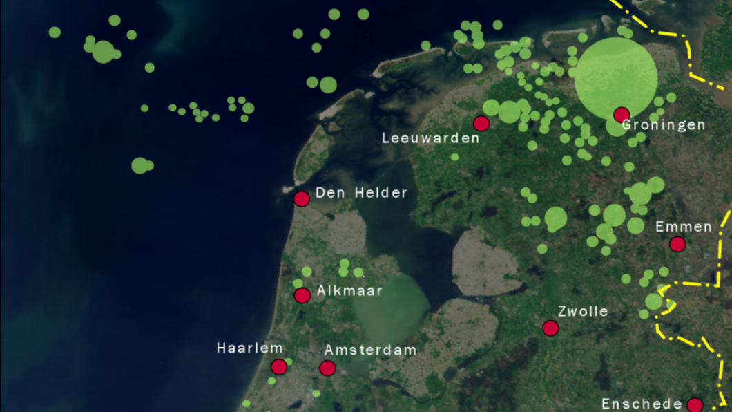 Kaart met aardgasconcessies van de NAM