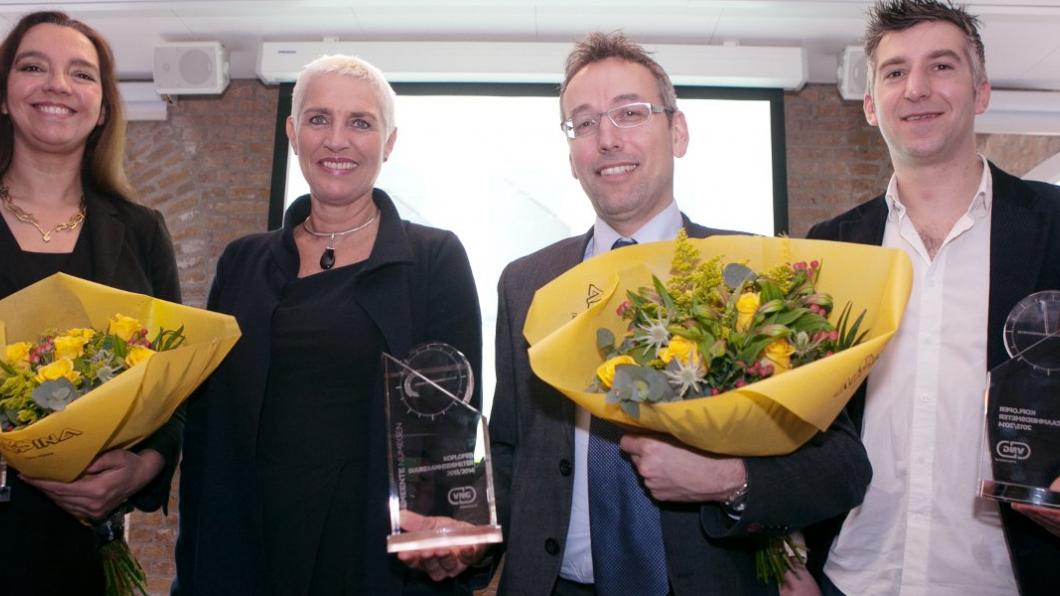 vlnr Isabelle Diks (Leeuwarden), staatssecretaris Mansveld, Jan van der Meer (Nijmegen) en Selçuk Akinci (Breda)