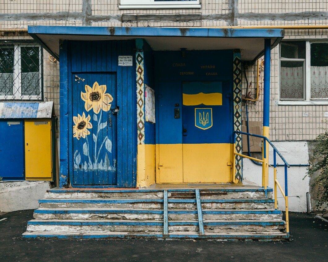 Afbeelding van een gebouw met de kleuren van de Oekraïense vlag