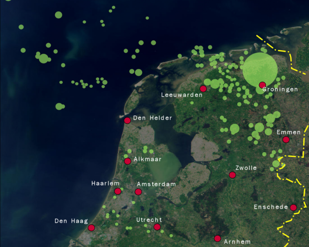 Kaart met aardgasconcessies van de NAM