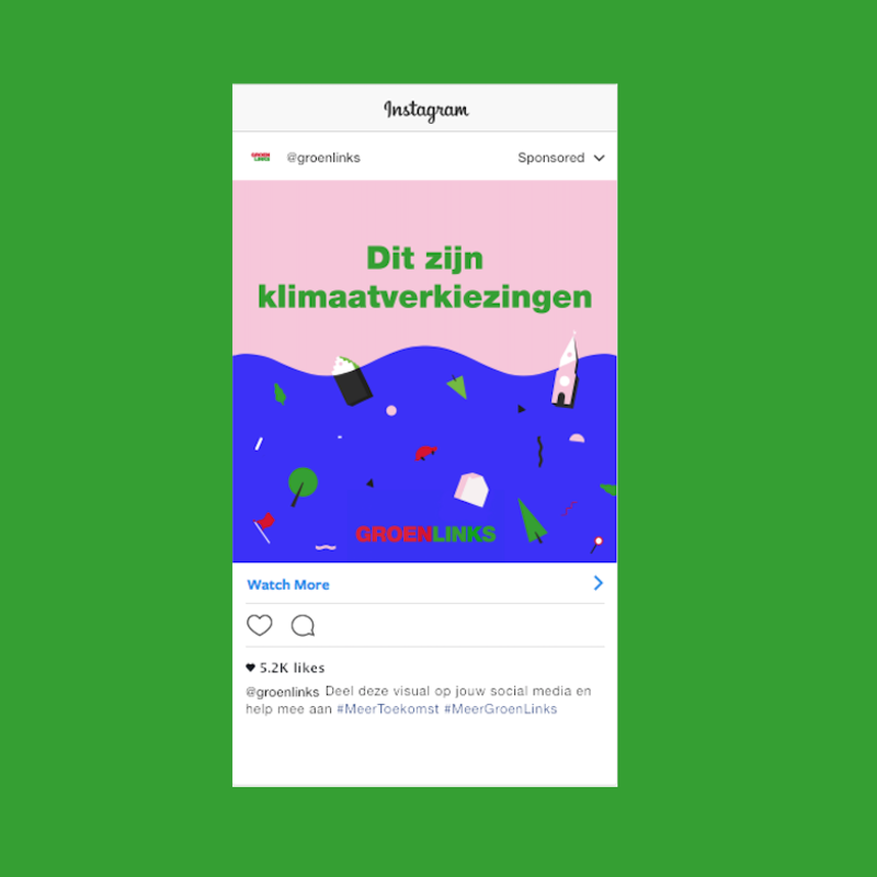 Een afbeelding van Instagram app met daarin een beeld van GroenLinks account. Er staat 'Dit zijn klimaatverkiezingen' en er is een illustratie van een vloedgolf te zien.