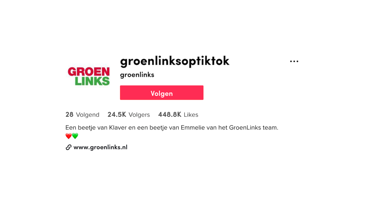 Het GroenLinks TikTok account met 24.5K volgers is te zien